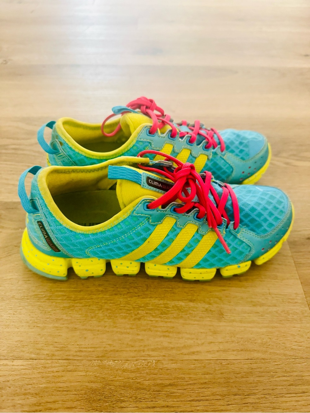 adidas climawarm Bright Teal Running Shoes with Yellow Accents and Pink Laces